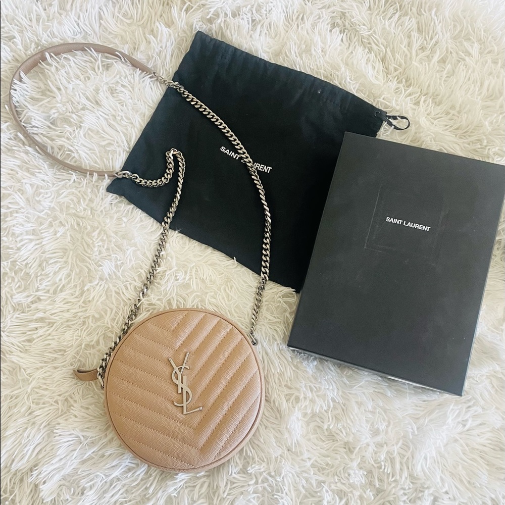 YSL taupe camera bag w dust bag, box, and bag